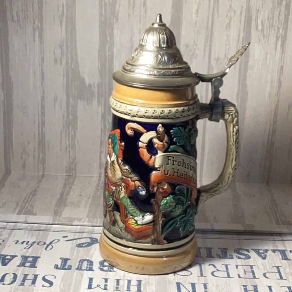 Vintage Werner Corzelius Willkommen Allezeit Frohsinn Beer Stein Pewter Lid West